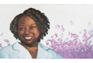 illustration of Karmella Haynes smiling, as purple music notes and chromatin swirl in the background