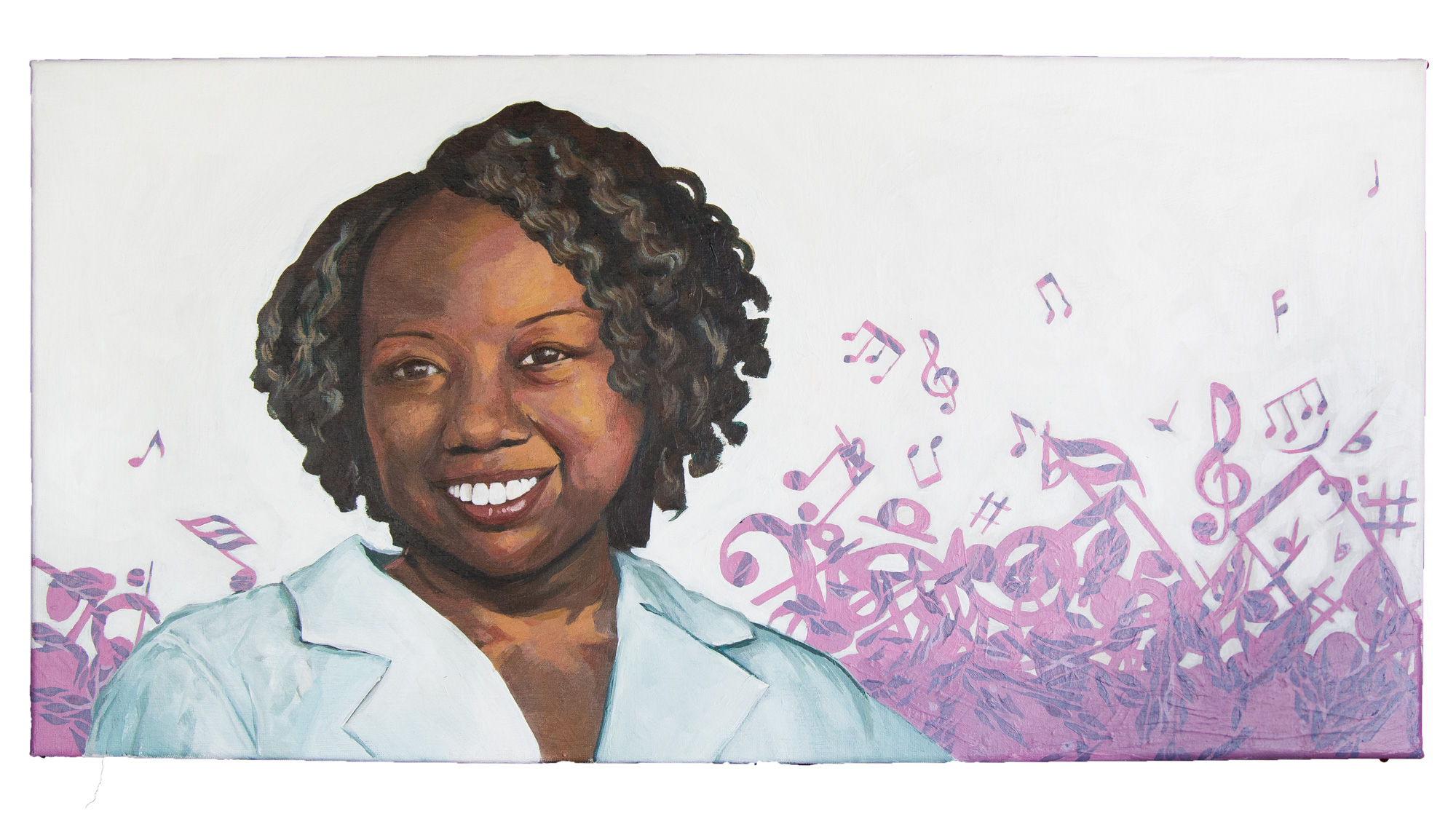 illustration of Karmella Haynes smiling, as purple music notes and chromatin swirl in the background