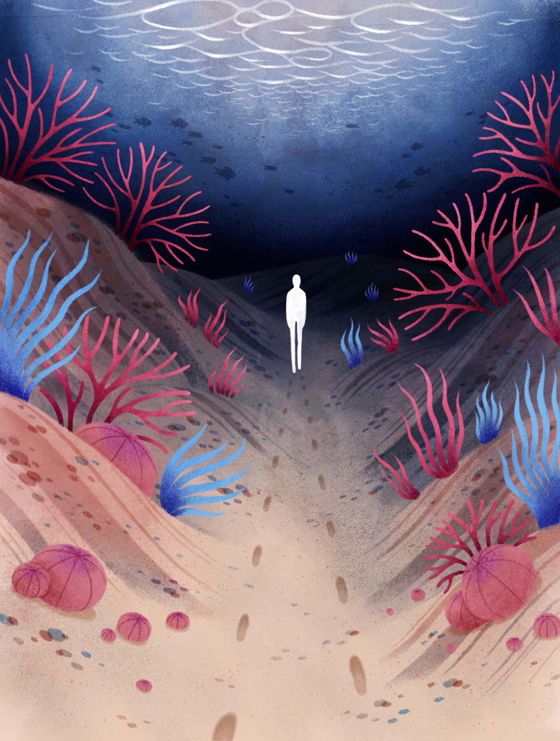 Illustration of a lone silhouette walking through a barren, stylized coral reef.