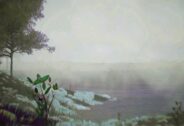 Misty morning on the Ohio River with an extinct Orbexilum stipulatum flower in the foreground