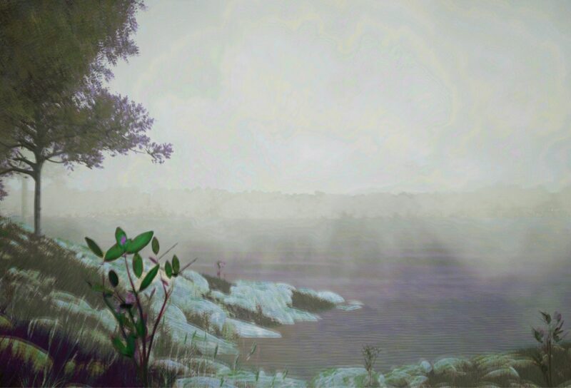 Misty morning on the Ohio River with an extinct Orbexilum stipulatum flower in the foreground
