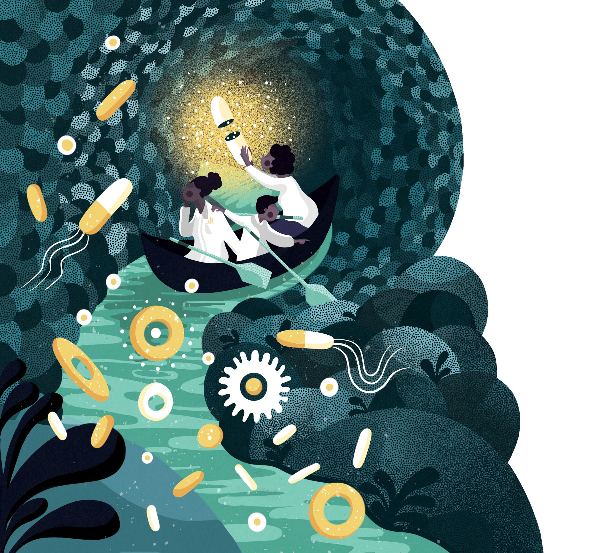Illustration of three scientists embarking on a canoe through a gut, marveling at the wonder of the microbes around them
