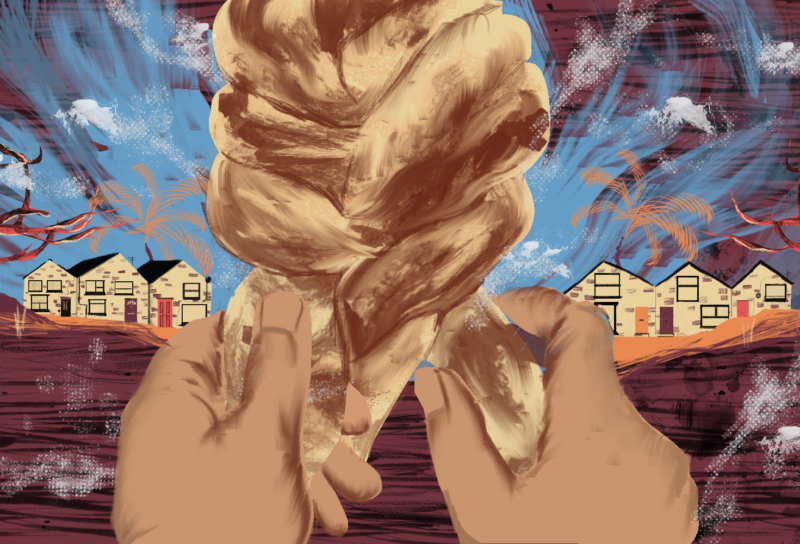 Illustration of hands braiding challah dough on a table with flour stains; in the background scenes of memories and home are depicted.