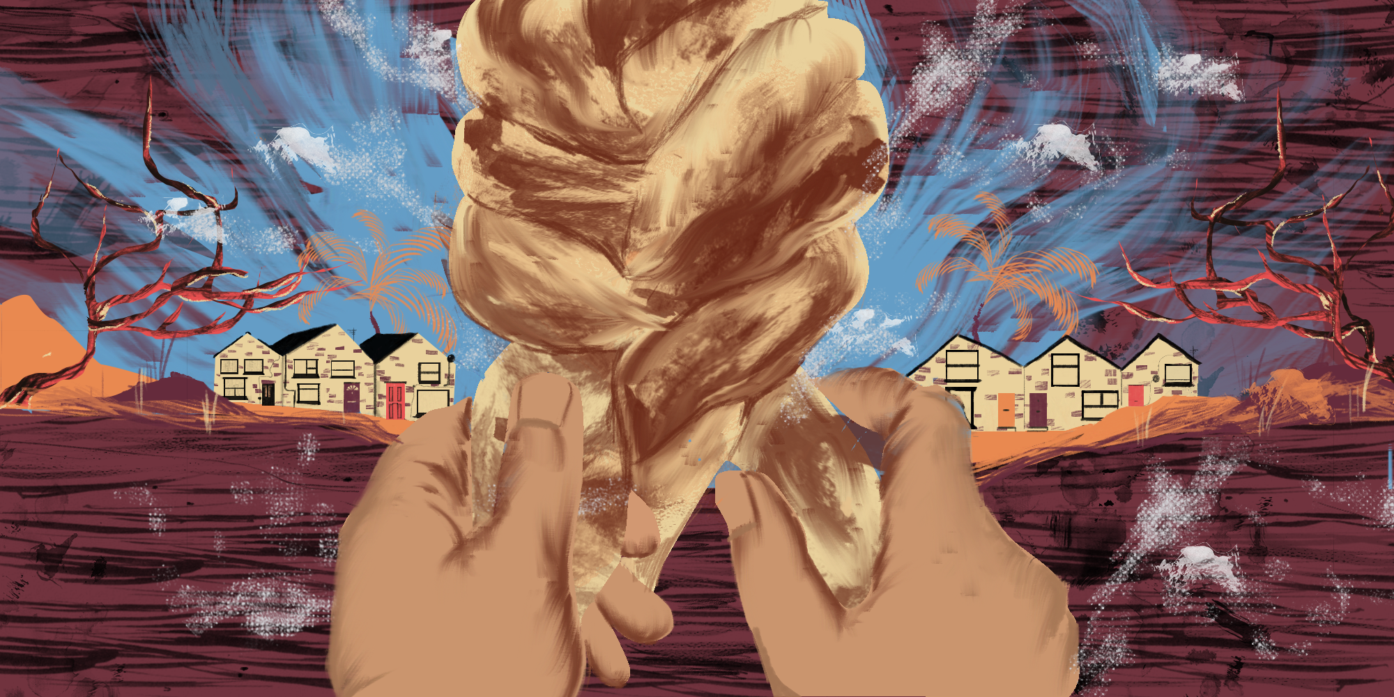 Illustration of hands braiding challah dough on a table with flour stains; in the background scenes of memories and home are depicted.