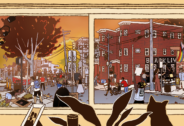 Illustration of a city in uprising, from the perspective of a person working inside and looking out the window. People are roaming through the street with Black Lives Matter protest signs against a fiery sky.