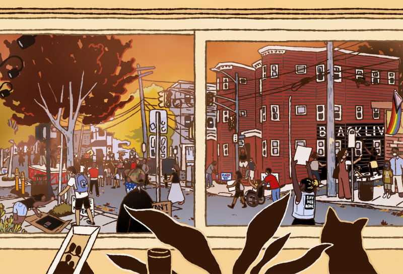 Illustration of a city in uprising, from the perspective of a person working inside and looking out the window. People are roaming through the street with Black Lives Matter protest signs against a fiery sky.