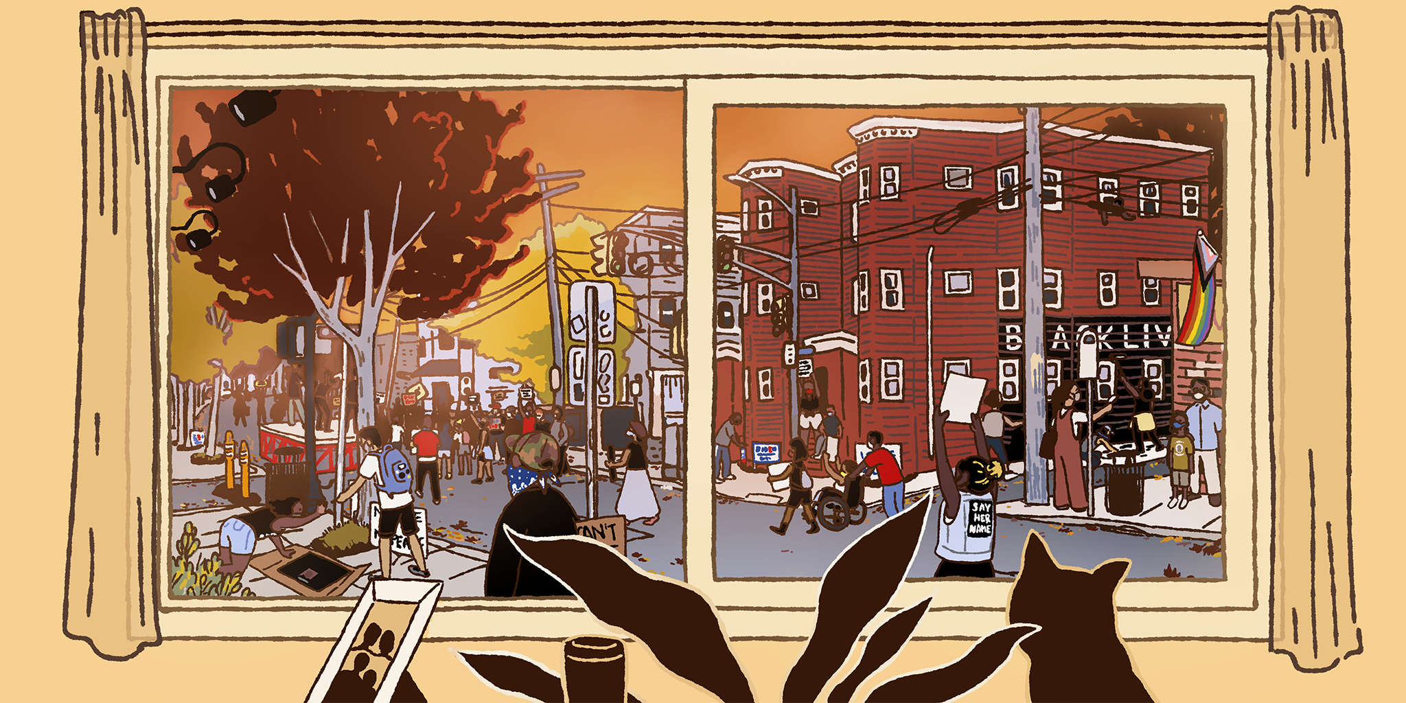 Illustration of a city in uprising, from the perspective of a person working inside and looking out the window. People are roaming through the street with Black Lives Matter protest signs against a fiery sky.