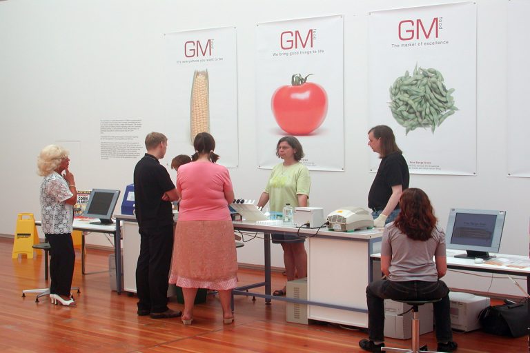 The Critical Arts Ensemble invites the public to test their food for GMOS.