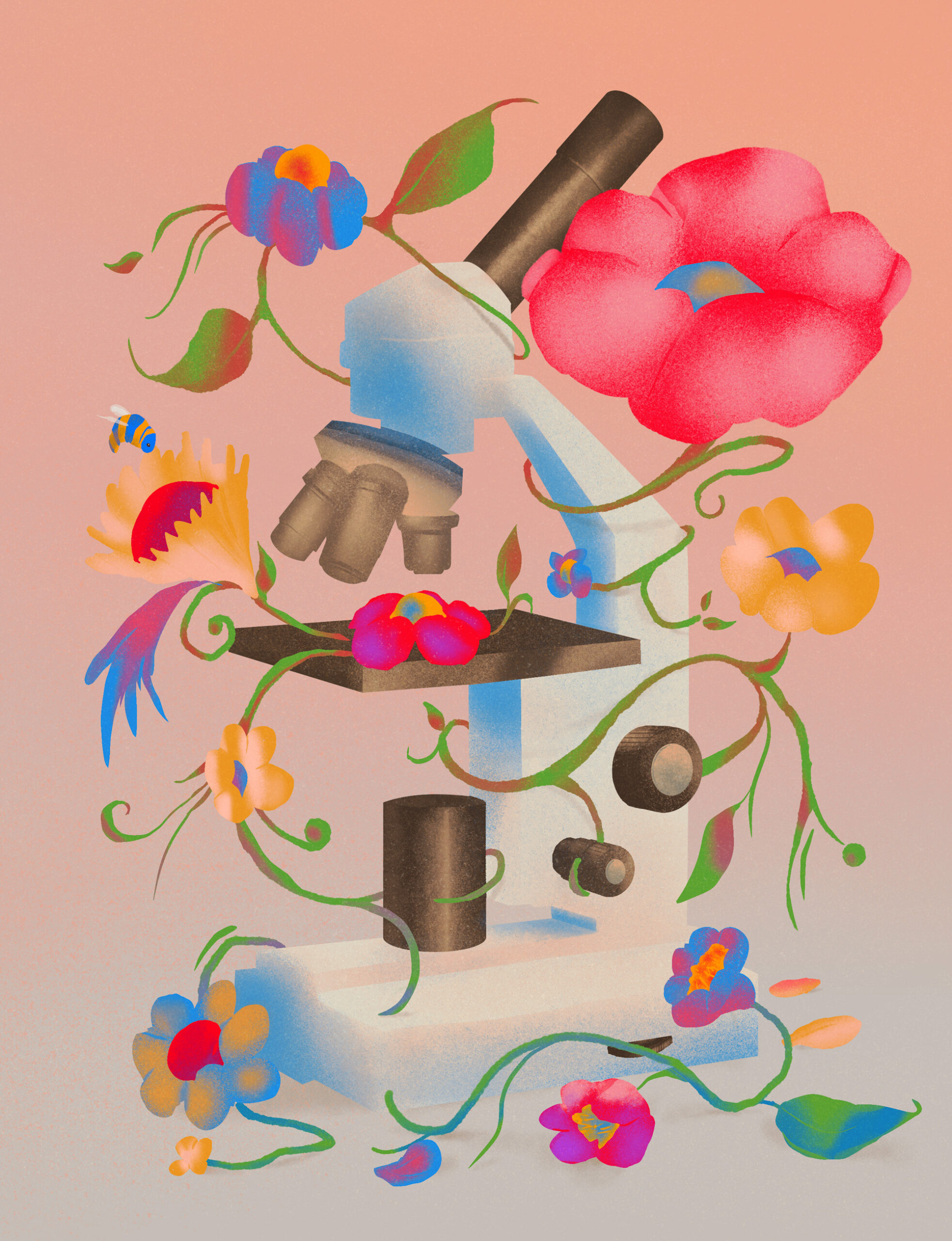 Drawing of microscope surrounded by flowers